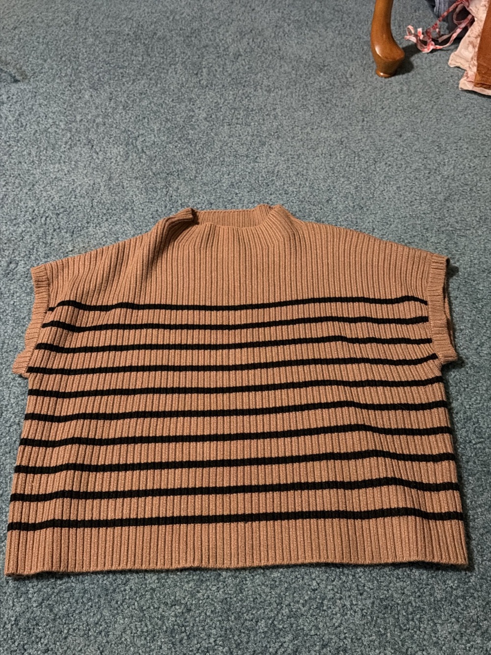 Striped Short-Sleeve Knit Top in Camel and Black